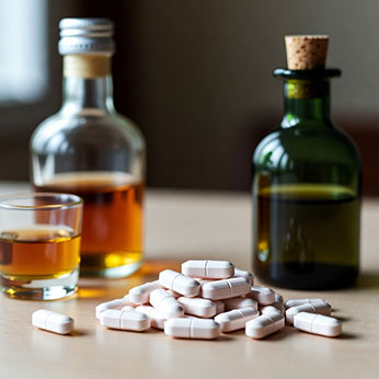 Таблетки и алкоголь на столе